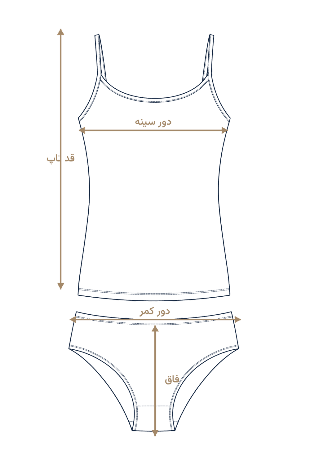 نمودار اندازهگیری تاپ و شورتک زنانه گلدوزی افرا