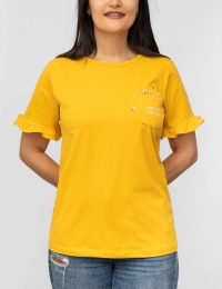 تیشرت زنانه سرآستین چین دار گل آویز